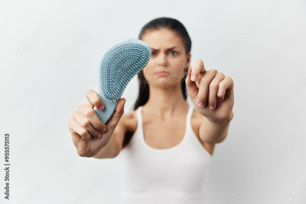 Hair care frustrations, woman holding hairbrush with hair, textured background, serious expression showing discontent, beauty routine struggle captured in one moment Hair care frustrations, woman holding hairbrush with hair, textured background, serious expression showing discontent, beauty routine struggle captured in one moment