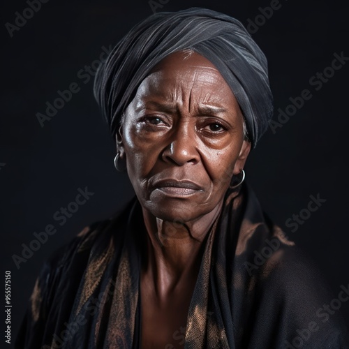 Bronze background sad black American independent powerful Woman. Portrait of older mid-aged person beautiful bad mood expression girl Isolated