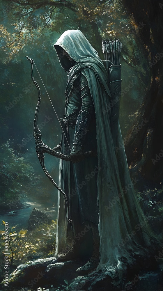 Vigilant Elven Ranger in Lush Fantasy Forest with Ornate Bow and Cloak Vigilant Elven Ranger in Lush Fantasy Forest with Ornate Bow and Cloak