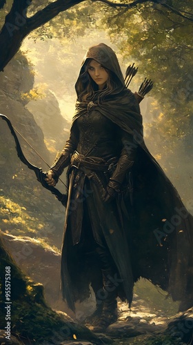 Mysterious Elven Ranger Stands Vigilant in Enchanted Forest with Ornate Bow
