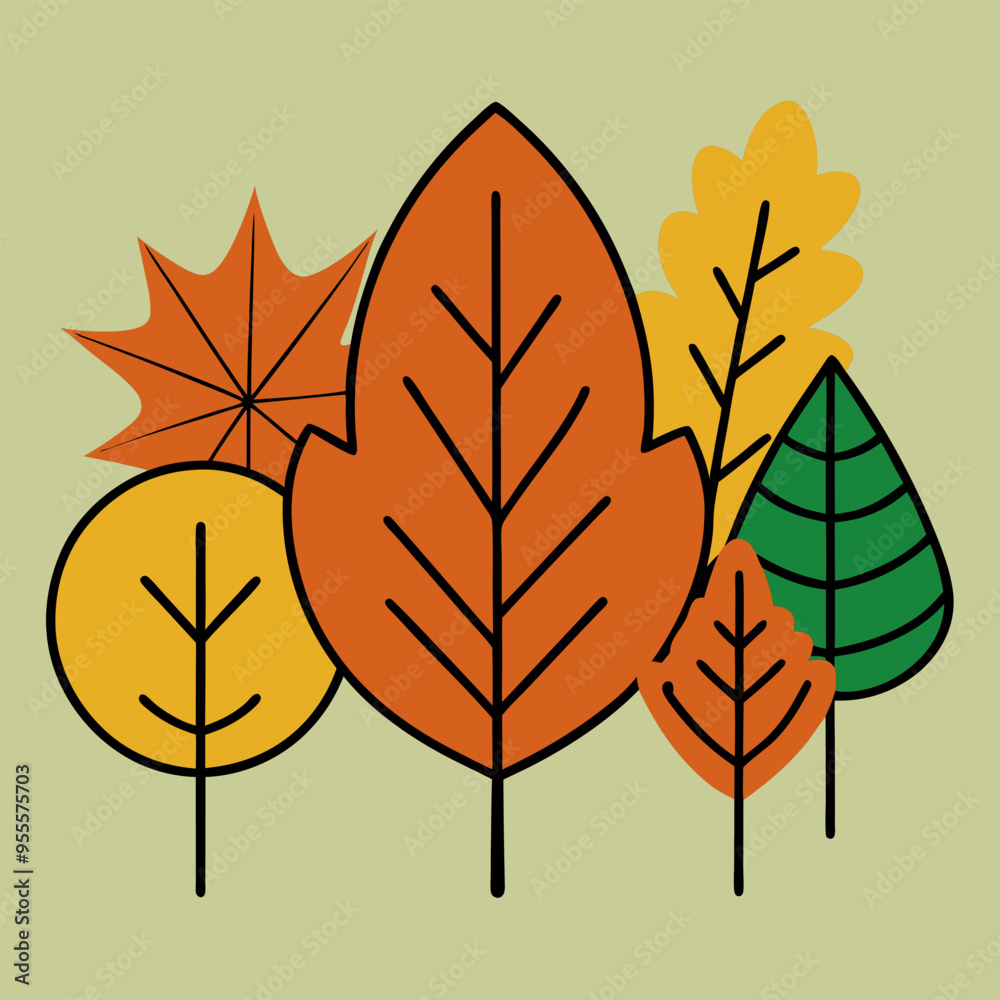 A whimsical illustration featuring five autumn leaves in vibrant colors, perfect for adding a touch of nature to your designs. This graphic is ideal for seasonal projects, fall-themed crafts. A whimsical illustration featuring five autumn leaves in vibrant colors, perfect for adding a touch of nature to your designs. This graphic is ideal for seasonal projects, fall-themed crafts.