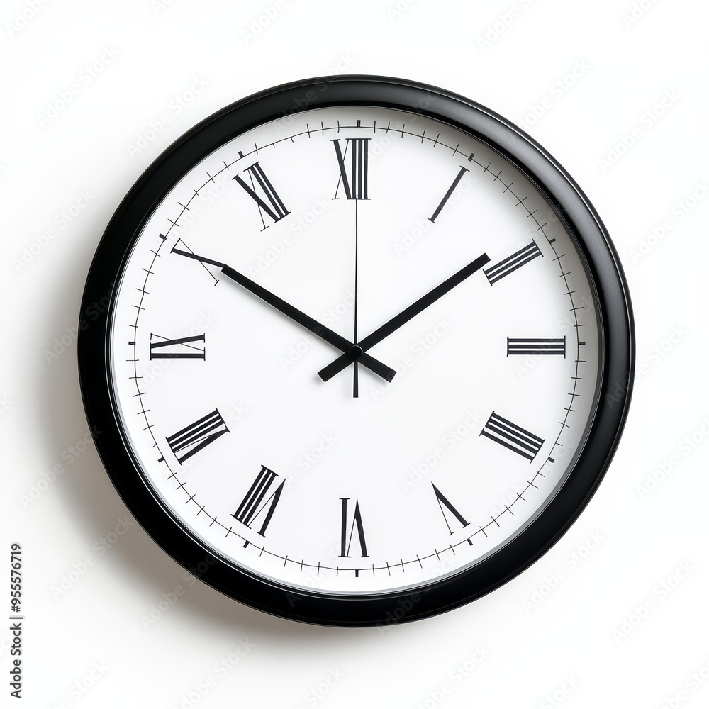 Modern round clock with Roman numerals displayed against a white background emphasizing simplicity and elegance in design and function