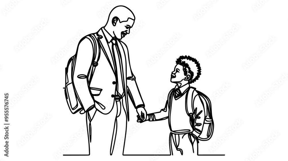 Fototapeta premium Black father holding the hand of his son in a school line art vector