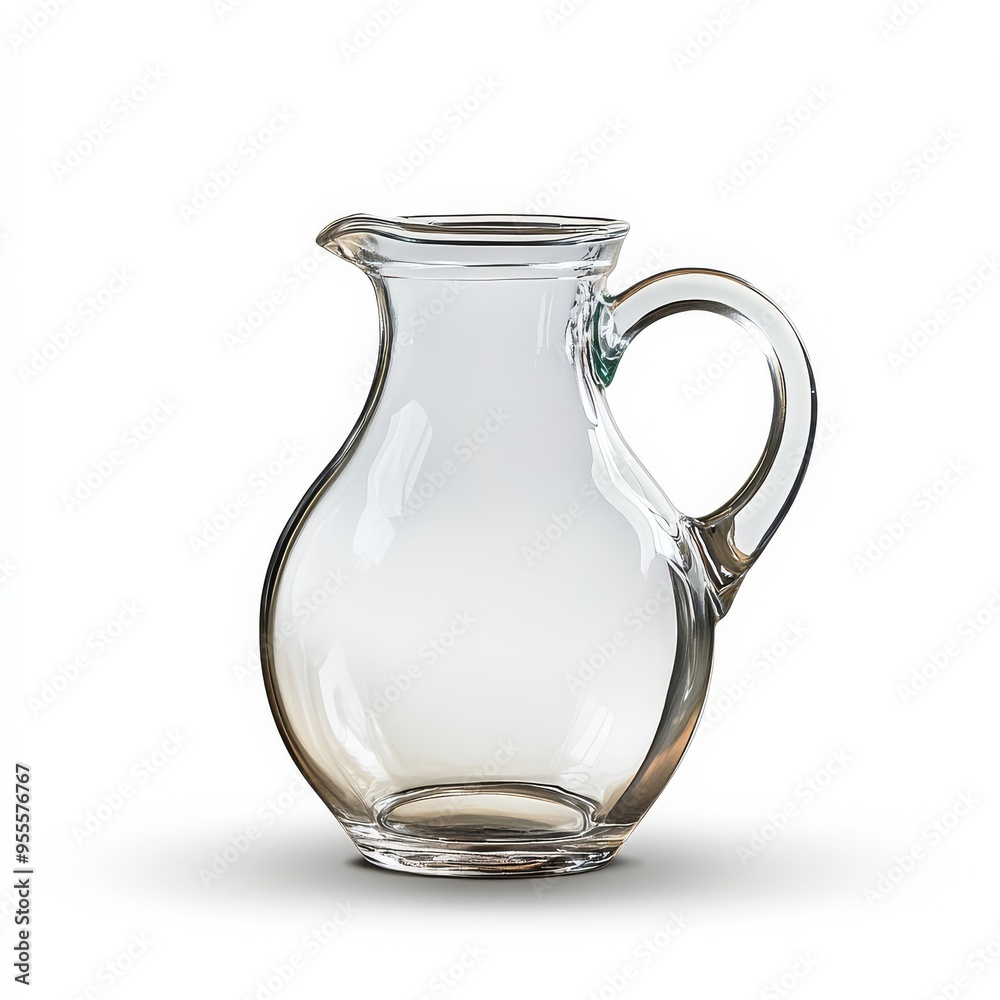 Clear glass jug isolated against a white background showcasing its elegant design and craftsmanship Clear glass jug isolated against a white background showcasing its elegant design and craftsmanship