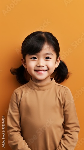 Brown background Happy Asian child Portrait of young beautiful Smiling child good mood Isolated on backdrop ethnic diversity equality acceptance 