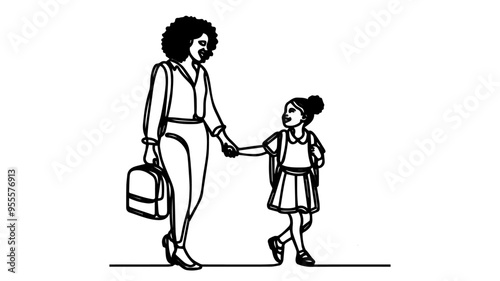 black mother holding the hand of smiling daughter single line art vector