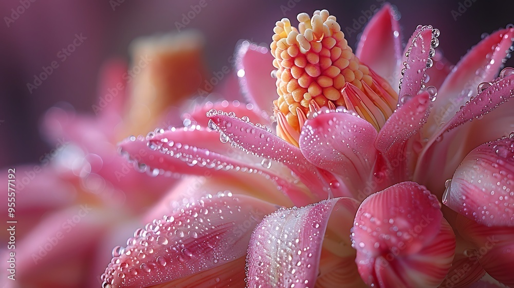 A close-up of a pink ginger flower with dew drops. A close-up of a pink ginger flower with dew drops.