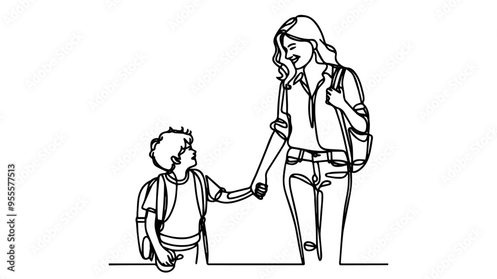 mother holding hand of her cheerful little boy wearing a backpack line art drawing vector mother holding hand of her cheerful little boy wearing a backpack line art drawing vector