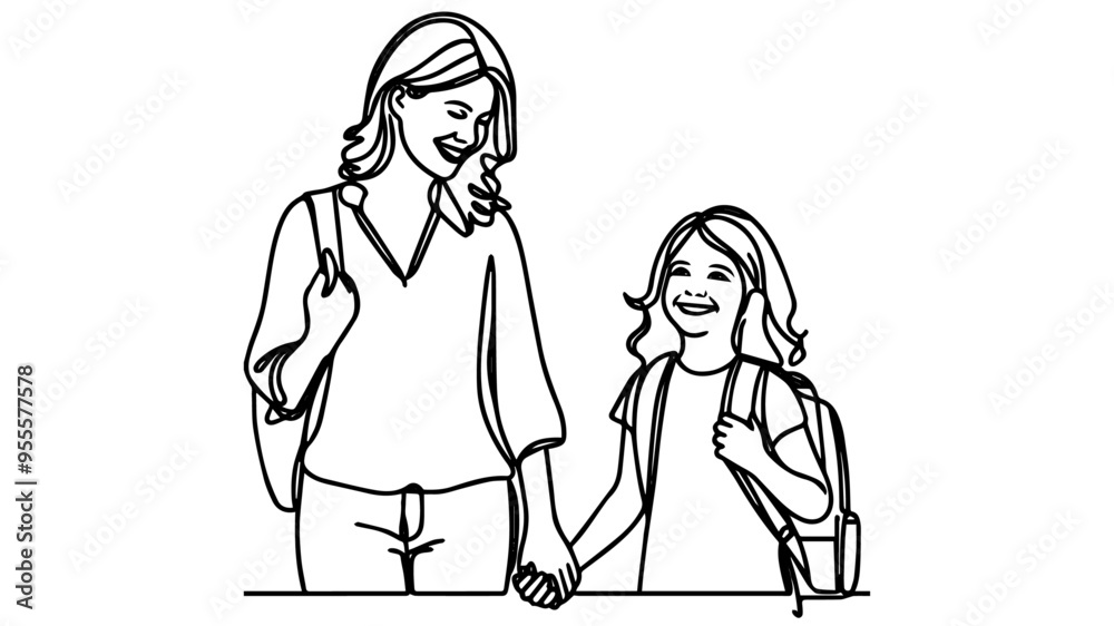 mother holding hand of her smiling daughter wearing a backpack one line illustration vector