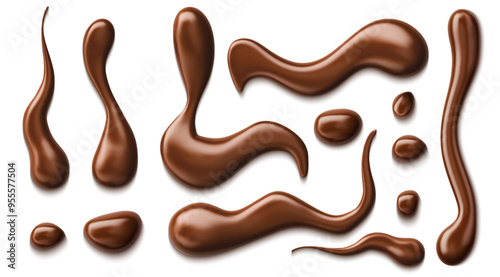 Chocolate sauce syrup drop, splash, stain and swirl. Isolated realistic 3d vector set of luscious drizzles of melt choco dessert. 