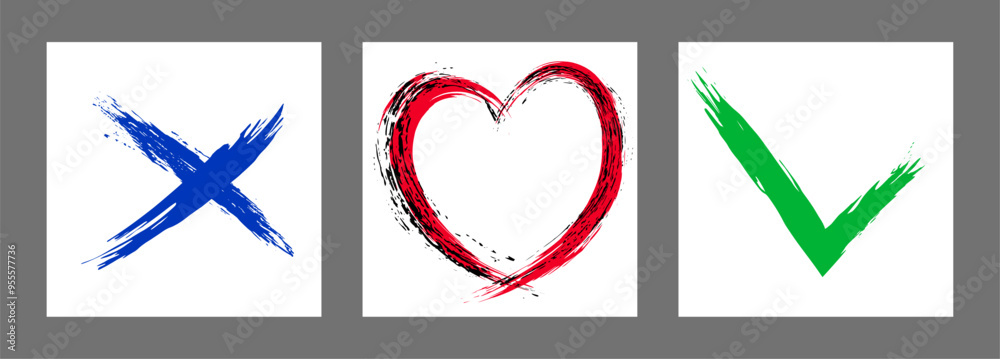 The cross, heart and OK symbol are hand-drawn with a brush. Prohibition, denial, error. Love. Approval, consent. Vector, set of 3 characters The cross, heart and OK symbol are hand-drawn with a brush. Prohibition, denial, error. Love. Approval, consent. Vector, set of 3 characters