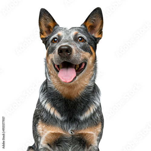 Studio portrait of Australian cattle dog from the side sitting and looking up with tongue out. png isolated background. transparent background