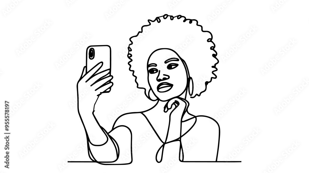 african american girl with a phone taking selfies single line art african american girl with a phone taking selfies single line art