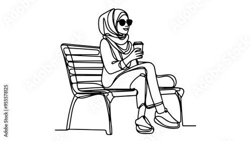 A woman in hijab simping coffee line art vector