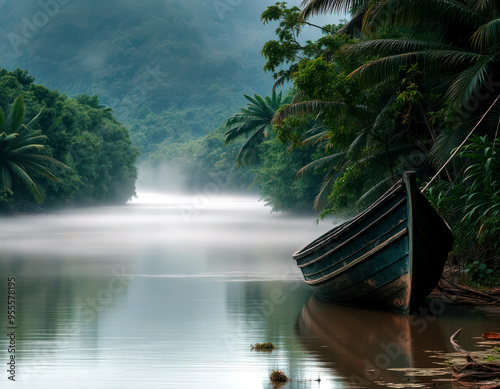 sur les rives d’un fleuve tropical, un petit bateau en bois, usé par les éléments, repose paisiblement, ses planches délavées contrastant avec la végétation luxuriante qui l’entoure. photo