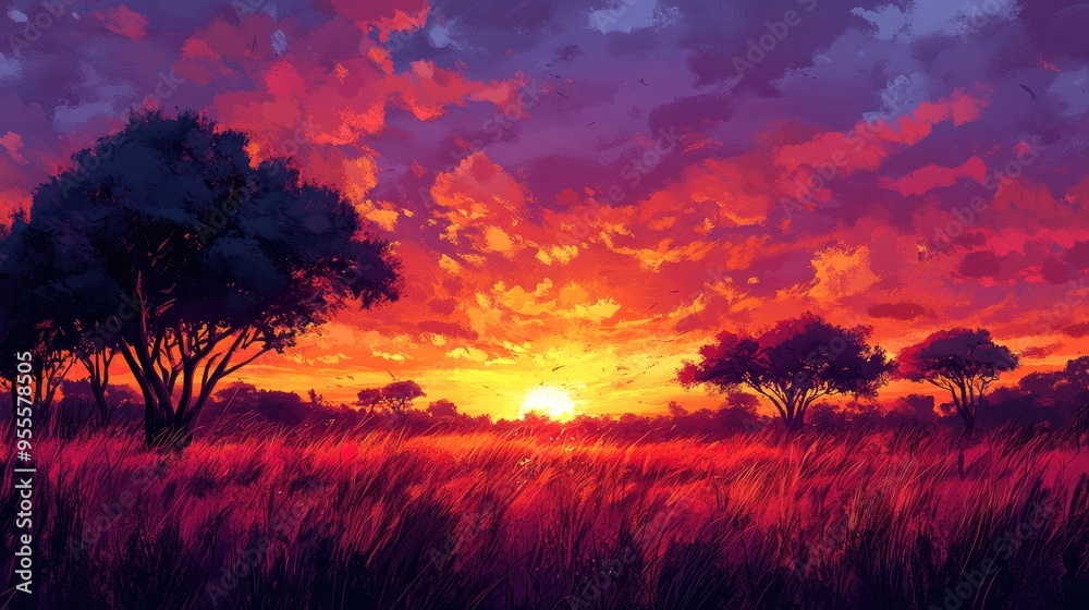 A vibrant sunset over a savanna, with the sky painted in warm hues and silhouetted trees creating a dramatic and picturesque background. A vibrant sunset over a savanna, with the sky painted in warm hues and silhouetted trees creating a dramatic and picturesque background.