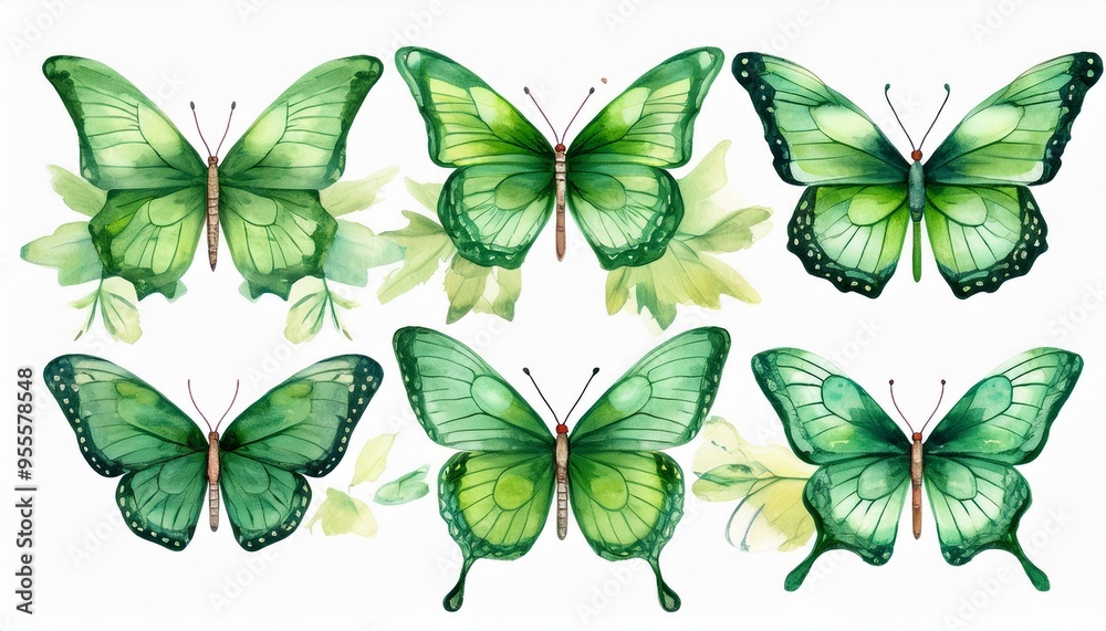set of green butterflies isolated on a white background. Watercolor illustration set of green butterflies isolated on a white background. Watercolor illustration