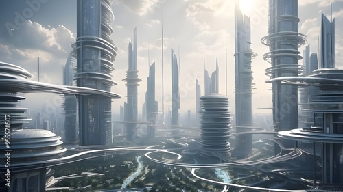 Cities of the future. Cities in the clouds. concept art. Building structures. #955578507