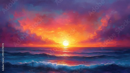 A vibrant sunset over the ocean, with the sun dipping below the horizon and the sky filled with warm, glowing colors.