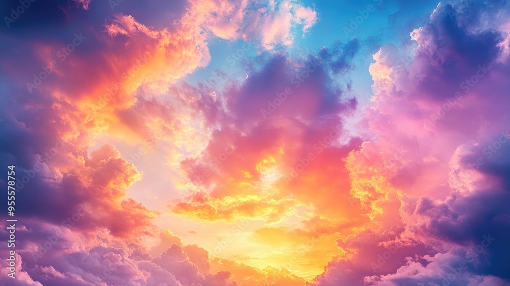 A vibrant sunset sky, with clouds painted in shades of orange, pink, and purple, creating a stunning, colorful display. A vibrant sunset sky, with clouds painted in shades of orange, pink, and purple, creating a stunning, colorful display.