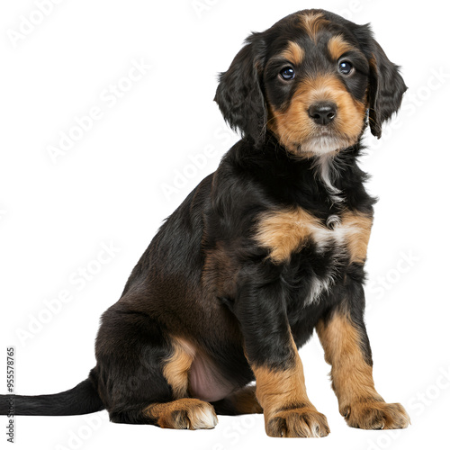 Cute young Cobberdog aka Labradoodle dog puppy. Sitting up side ways. Looking towards camera. png isolated background. transparent background