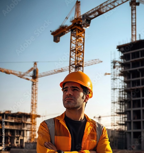 A construction worker stands confidently at a building site with cranes in the background, symbolizing strength and determination.