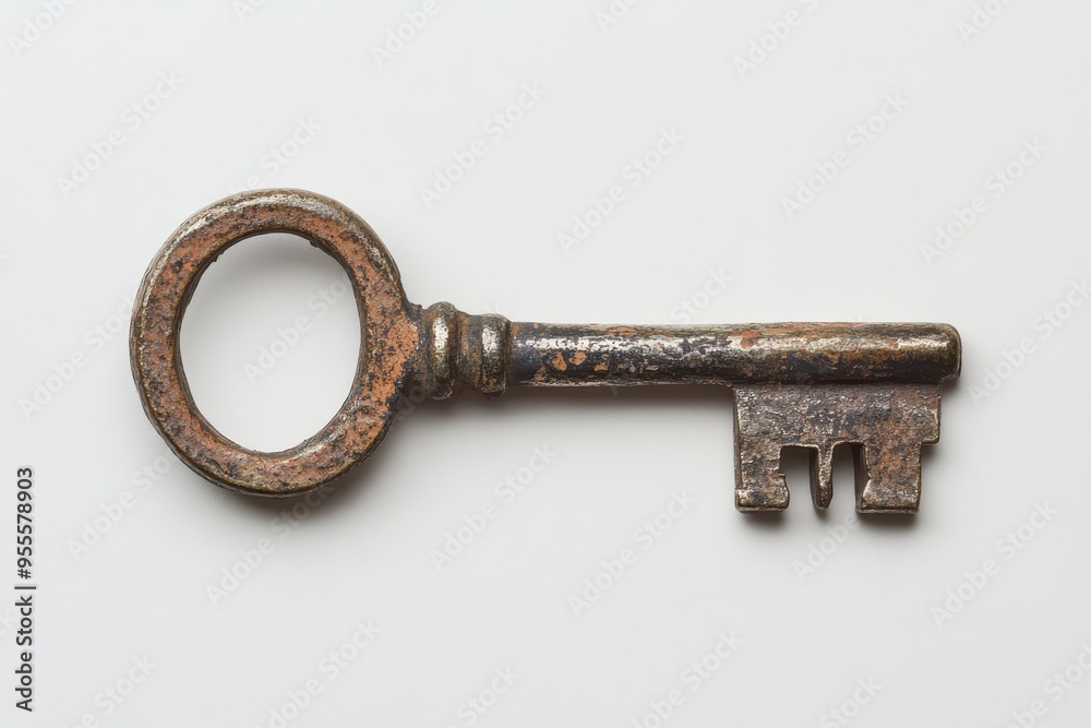 An antique key resting on a light background showcasing its intricate design and aged patina