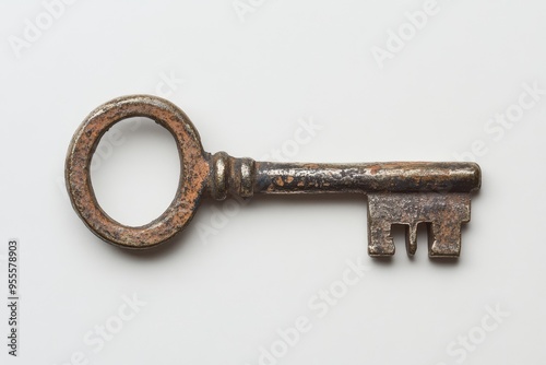 An antique key resting on a light background showcasing its intricate design and aged patina