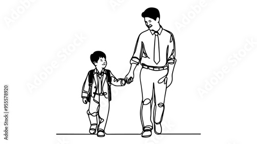 Asian father holding the hand of his smiling son single line drawing vector