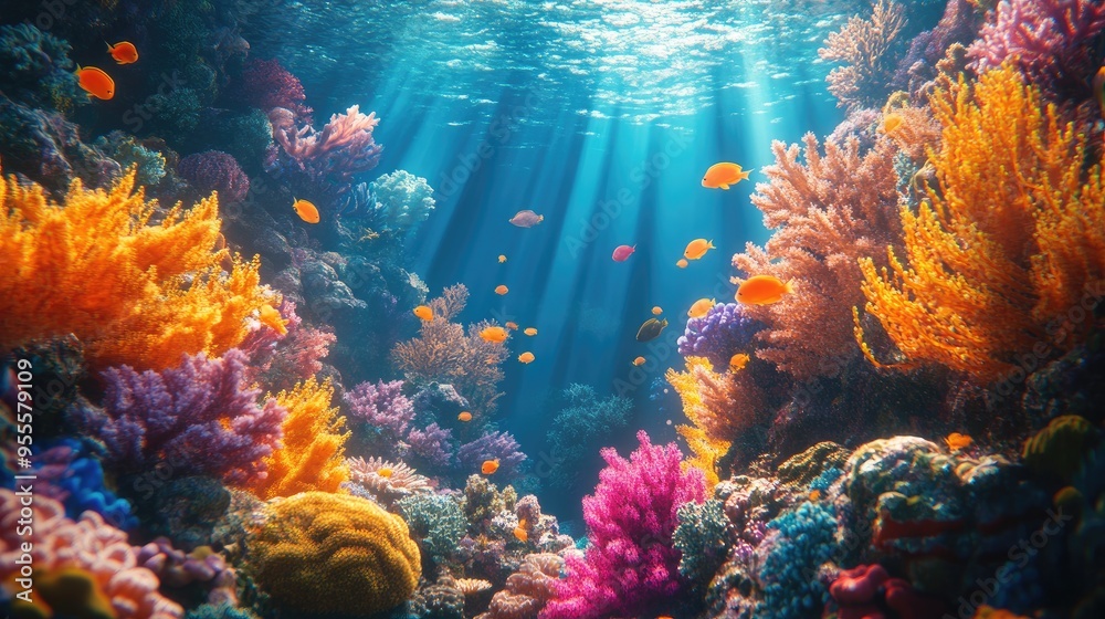 Naklejka premium A vibrant underwater scene featuring colorful coral reefs and diverse marine life, perfect for creating an engaging ocean life background with ample copy space.