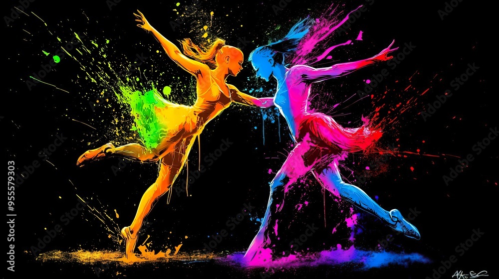 Dynamic dancers in vibrant colors showcasing movement and energy with paint splashes, creating a stunning visual impact. Dynamic dancers in vibrant colors showcasing movement and energy with paint splashes, creating a stunning visual impact.