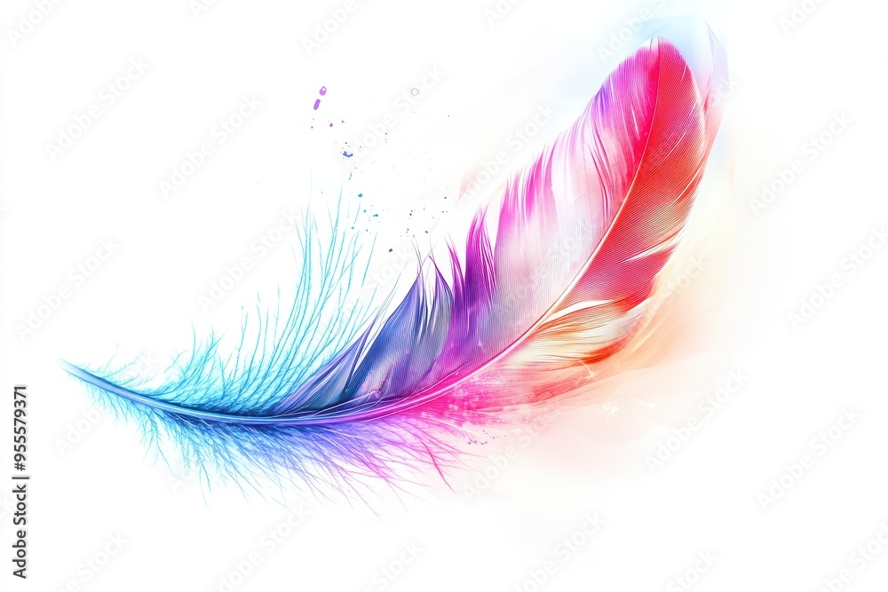 Colorful feather with vibrant hues and fluid motion against a clean white background Colorful feather with vibrant hues and fluid motion against a clean white background