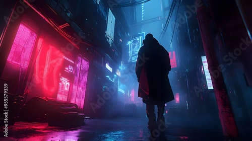 Skilled Shadowrunner Navigating Neon Drenched Alleyways of Futuristic Megacity photo