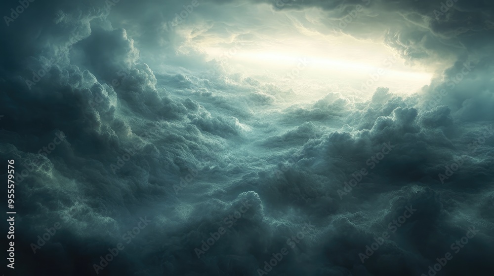 A view from above a storm, where dark clouds roil below and the clear, calm sky reigns above. A view from above a storm, where dark clouds roil below and the clear, calm sky reigns above.