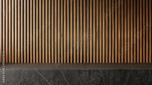 Fototapeta Naklejka Na Ścianę i Meble -  Black kitchen countertop on wooden wall panels made of vertical slats. Empty stone tabletop for luxury beauty and bar products presentation.