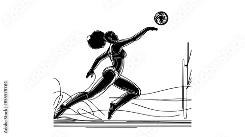 black woman playing beach volley line art drawing
