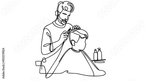 child's haircut at the barbershop line art