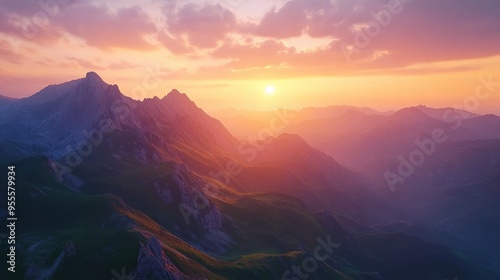 A view of a mountain range at sunrise, with the first light of day highlighting the contours of the peaks and the sky filled with warm colors.