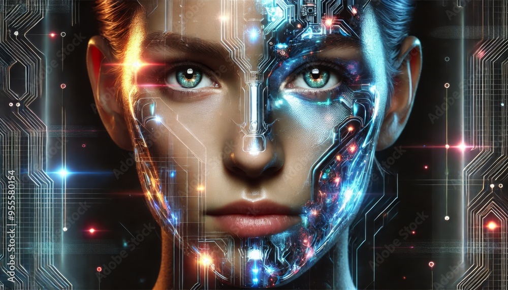 Holographic Face Mask: A face with a holographic mask overlay that alternates between human and robotic features Holographic Face Mask: A face with a holographic mask overlay that alternates between human and robotic features