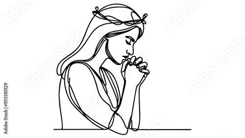christian woman praying with joined hands line art drawing