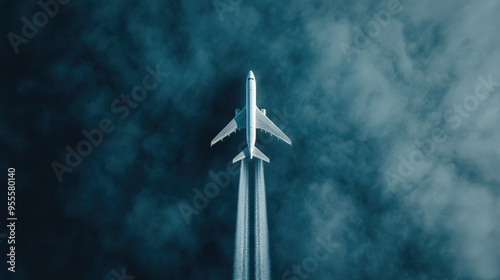 An airplane from a top-view angle as it jets through a thick layer of clouds, leaving behind a prominent contrail, conveying speed, altitude, and aviation prowess. photo