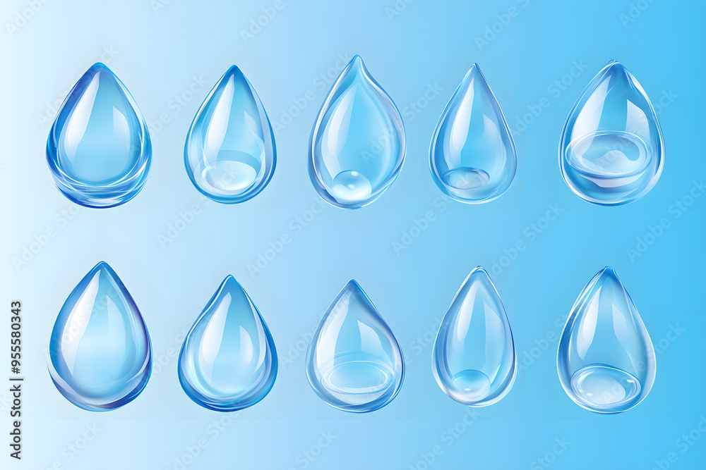 Realistic water droplets vector style set isolated on blue background Realistic water droplets vector style set isolated on blue background