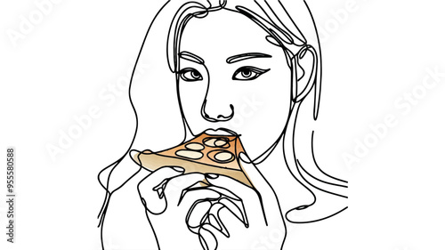 portrait of an asian woman eating a cheesy pizza slice advertisement line art 