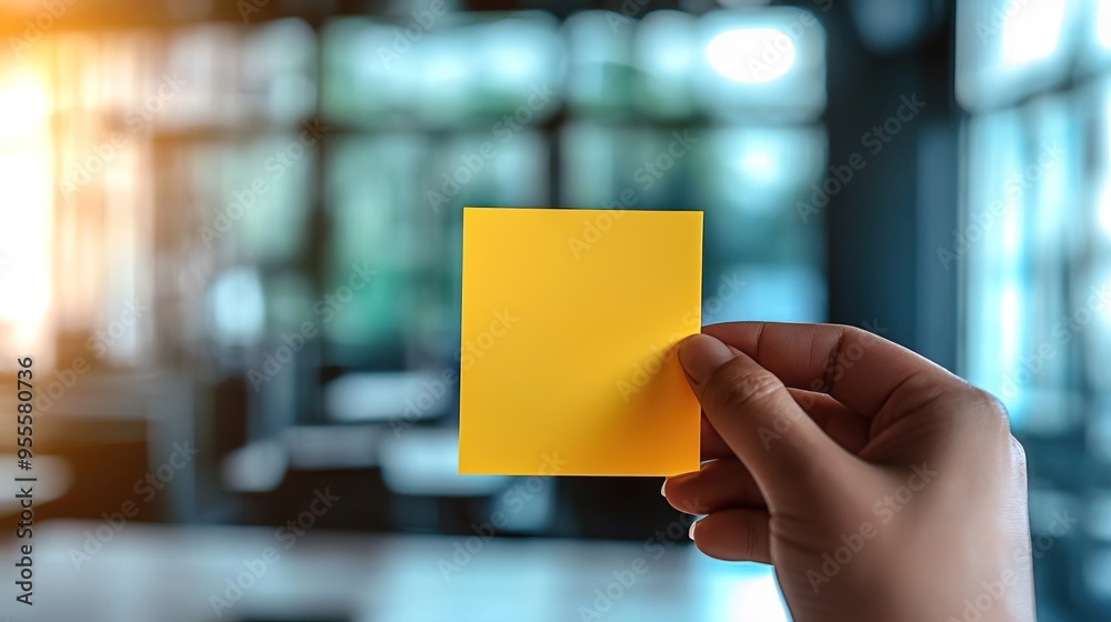A person holding a yellow sticky note in a modern office setting, perfect for reminders and brainstorming concepts. A person holding a yellow sticky note in a modern office setting, perfect for reminders and brainstorming concepts.