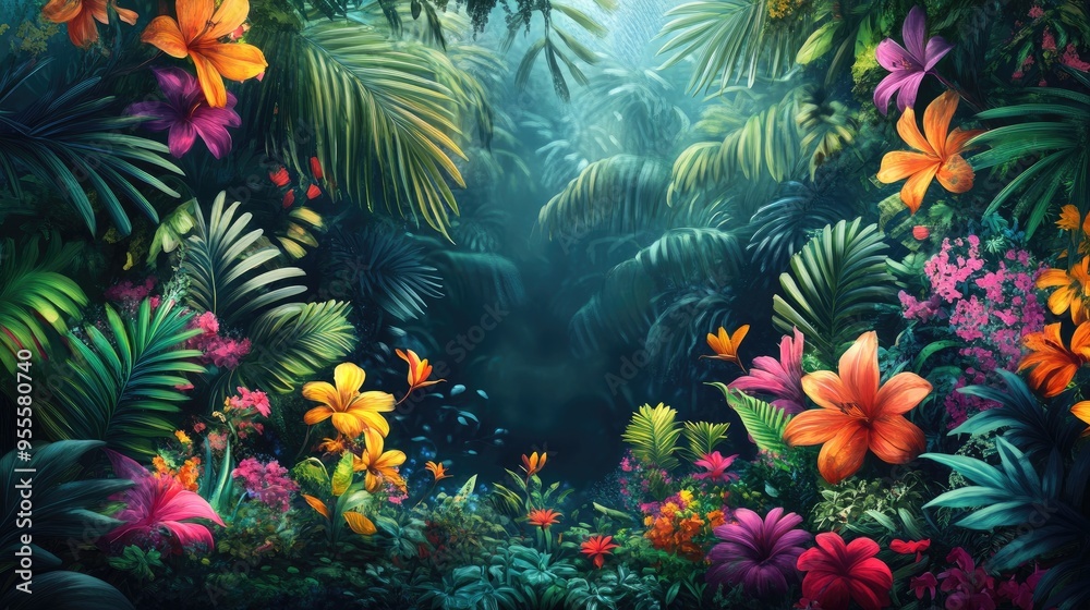 A vivid scene of colorful jungle flowers and dense greenery, showcasing the richness of the ecosystem with space for text.