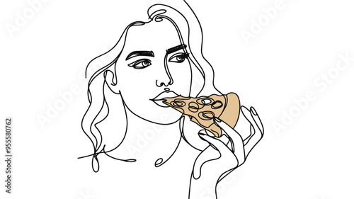  woman eating a cheesy pizza line art illustration
