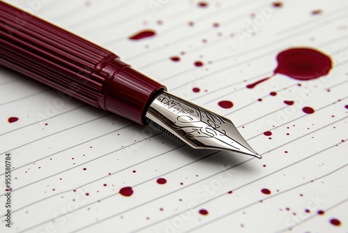 Wallpaper Mural A red fountain pen rests on lined paper stained with crimson ink drops, showcasing creativity in writing Torontodigital.ca