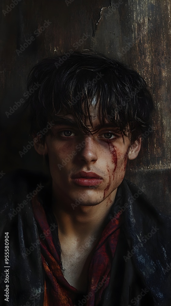 Mesmerizing Portrait of a Captivating Character with Piercing Eyes in a Moody Alleyway Setting Mesmerizing Portrait of a Captivating Character with Piercing Eyes in a Moody Alleyway Setting