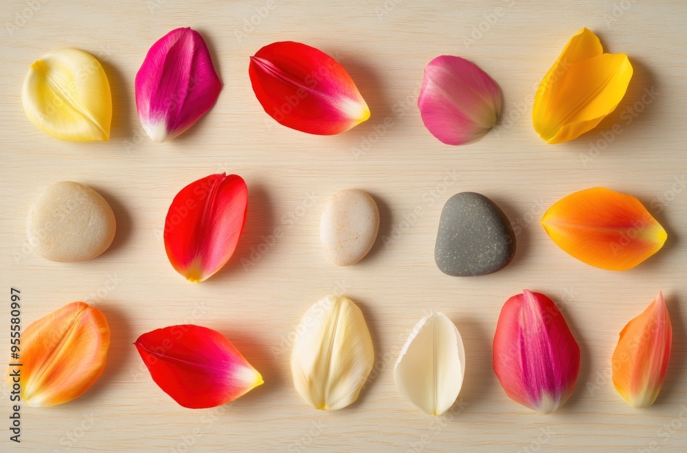 Petals and Stones on Wooden Background Petals and Stones on Wooden Background