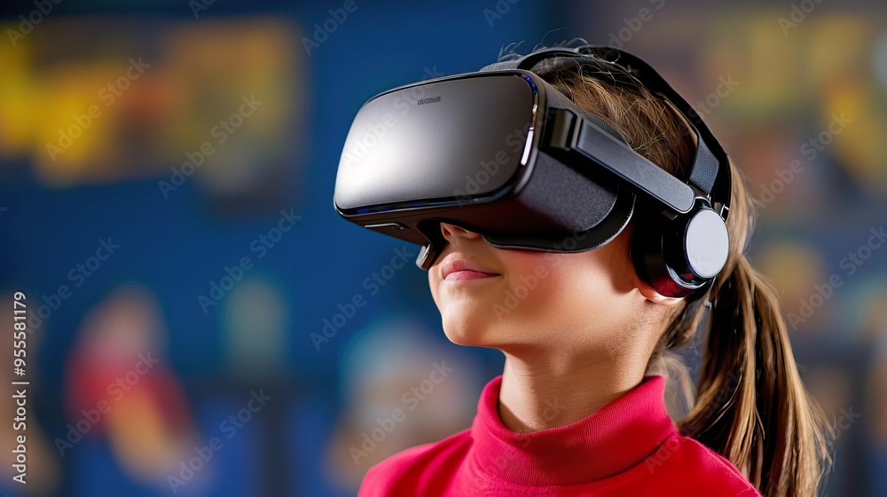 A young girl experiences virtual reality with a headset, immersed in a world of technology and imagination. A young girl experiences virtual reality with a headset, immersed in a world of technology and imagination.